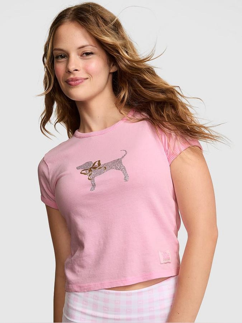 PINK x LoveShackFancy Retro Cotton Tee Pink Rhinestone Dog Size S